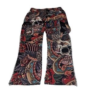 Rebel Vengeance Tapestry Pants Tattoo Skull Graphic Woven Jacquard Mens 32 NEW